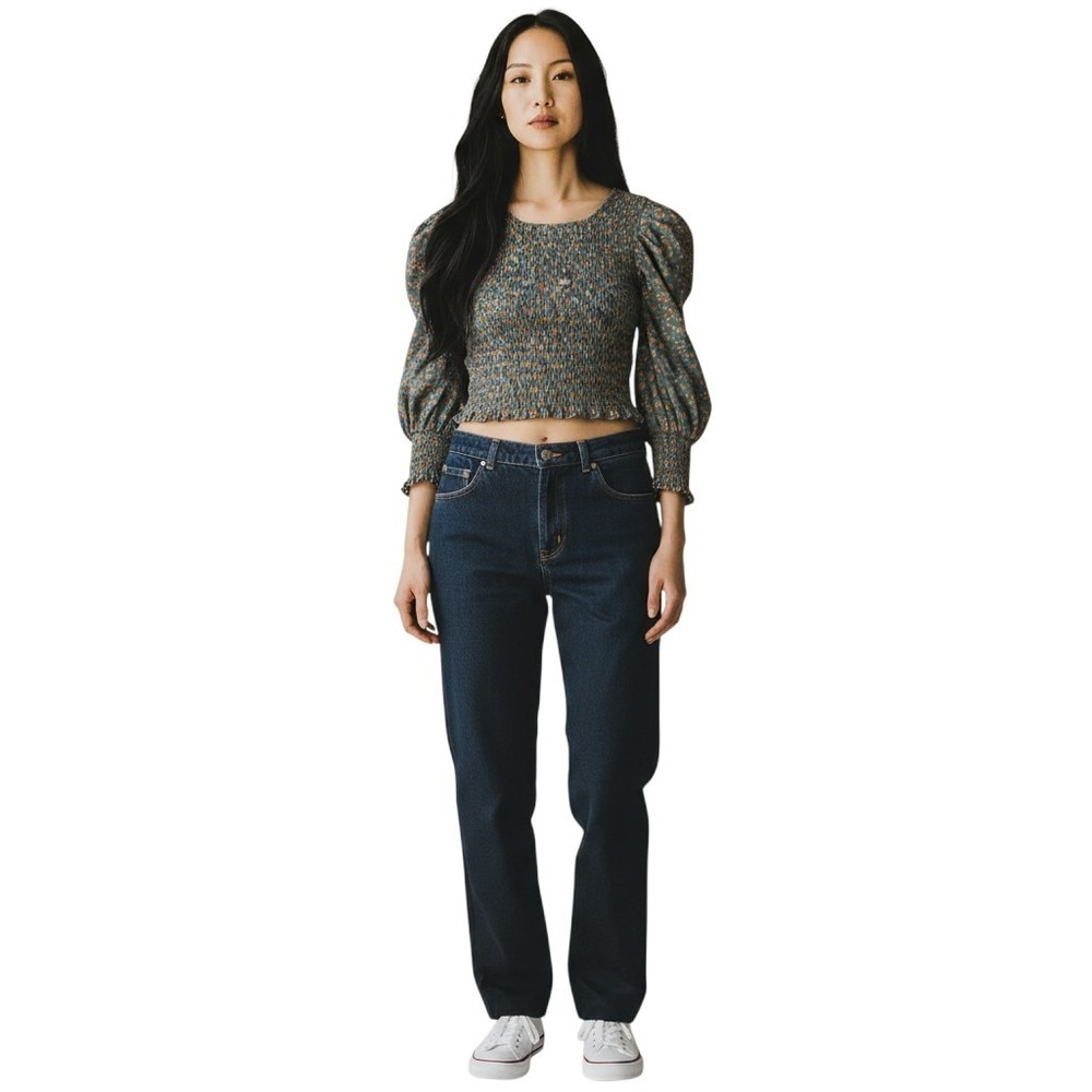 Allison New York Smocked Floral Corduroy Puff Sleeve Crop Top Blue XS